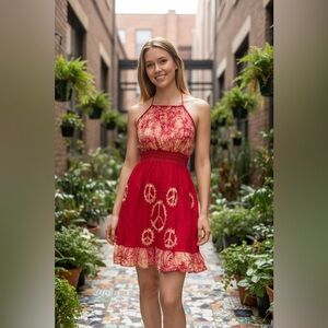 #359 Red Halter Dress with Peace Sign Design